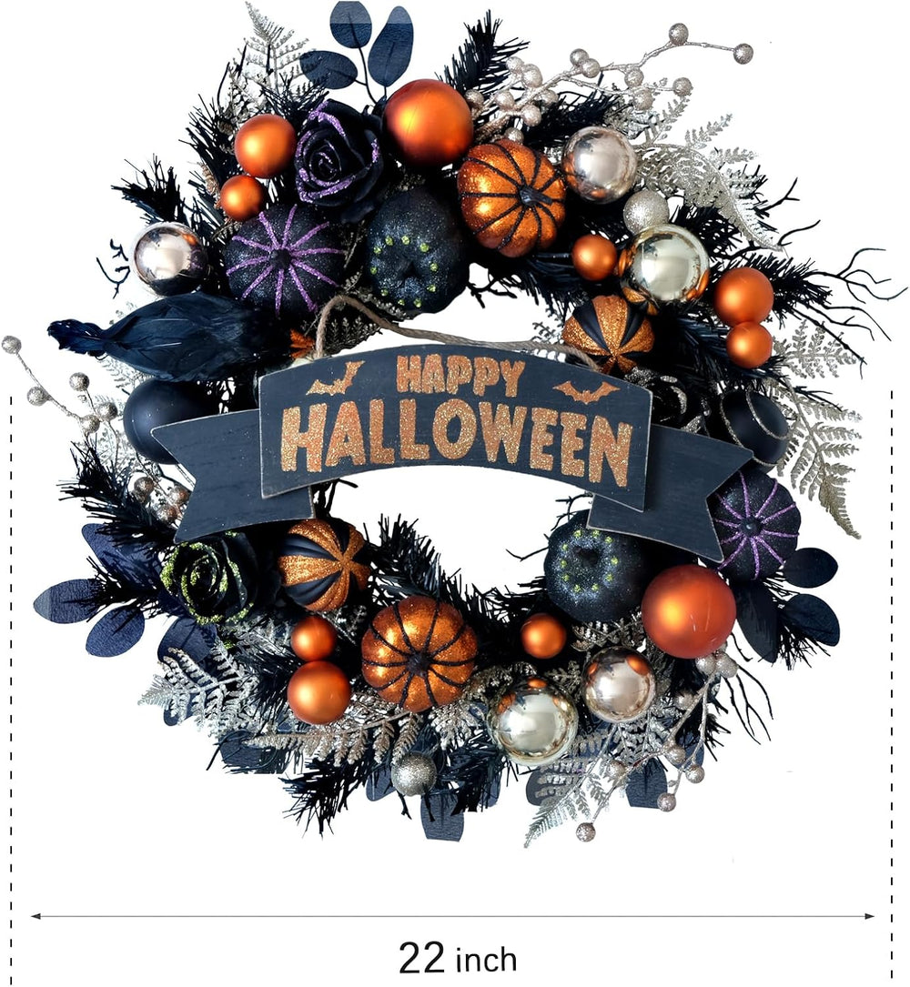 24โ Halloween Black Glitter Pumpkin with Balls Wreath for Front Door