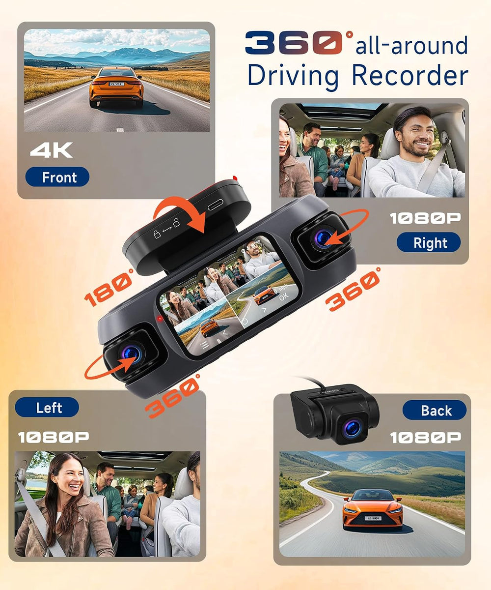 4 Channel Dash Cam Front and Rear, 360° View 4K Front 1080P Rear Inside