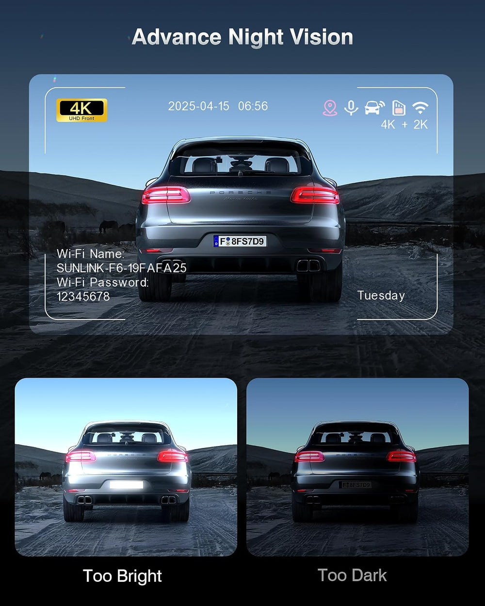 4K Dash Cam Front and Rear, Night Vision, WDR, Free Card Included