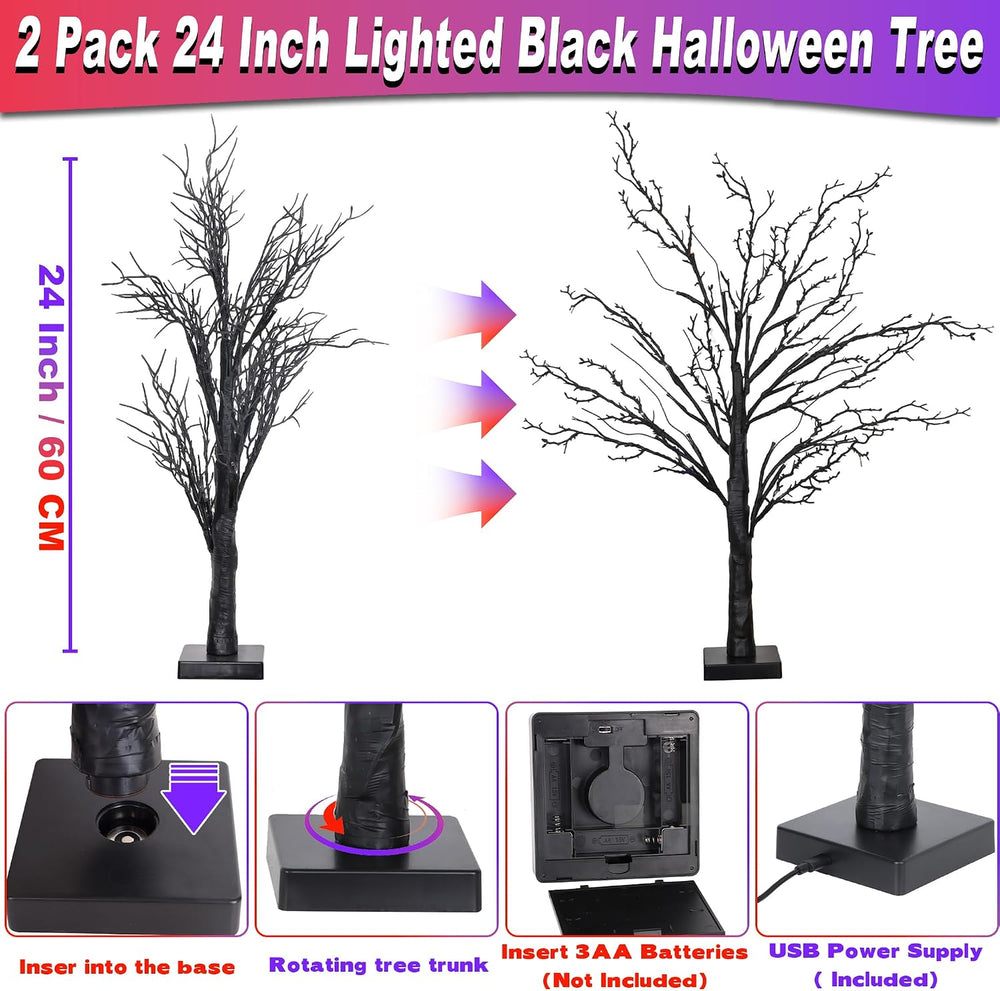 2 Pack 24 Inch Spooky Black Halloween Tree Decorations for Indoor Home Table,...