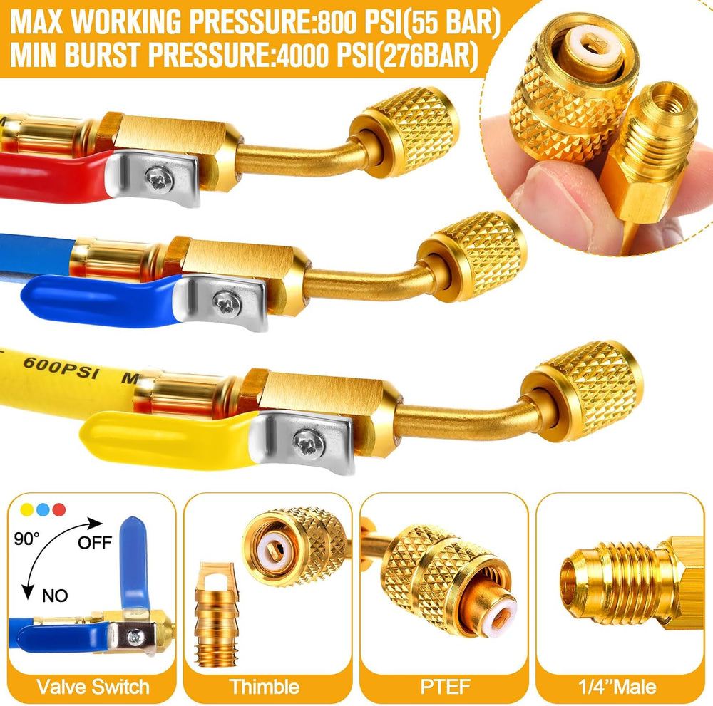 10 Pcs AC Manifold Gauge Hose with R410a Mini Split Adapter Tank Adapter Refr...