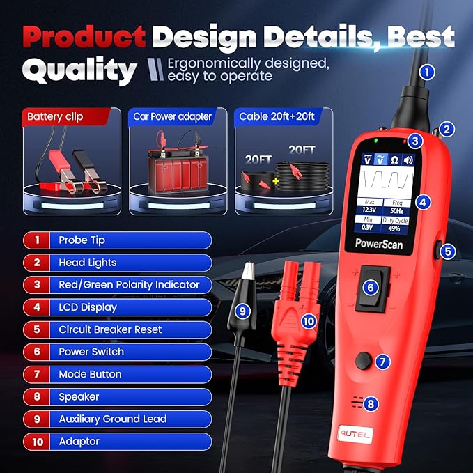 Autel PowerScan Automotive Circuit Tester, Power Circuit Probe Tool, 12-24V