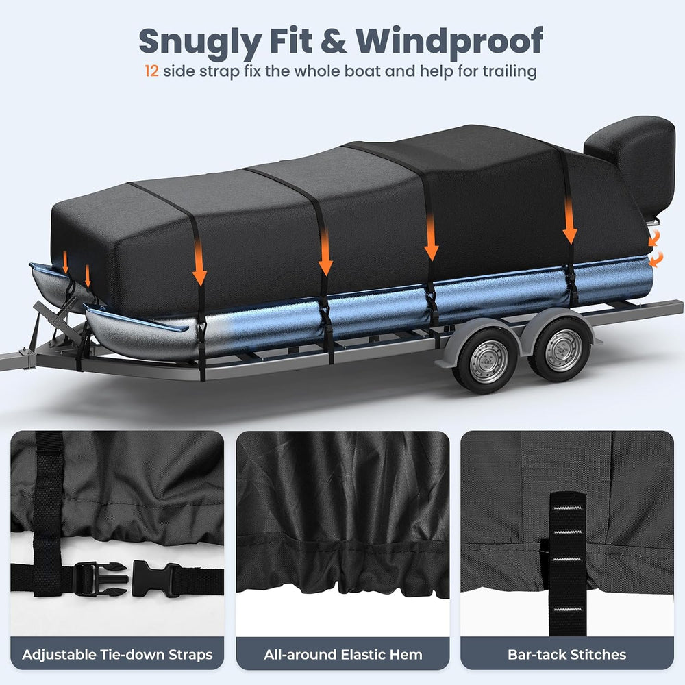 Pontoon Boat Cover, 1400D Reinforced, Motor Cover, 21-24ft, Black