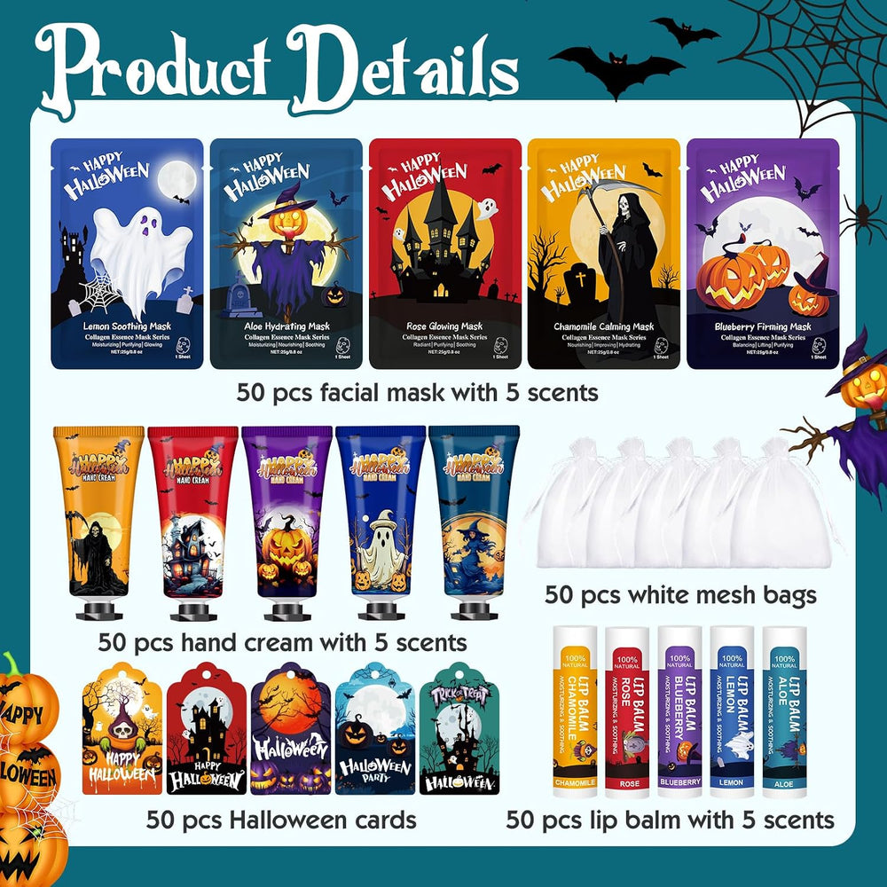 50 Pack Halloween Hand Cream, Facial Mask and Lip Balm Set, Halloween Gifts