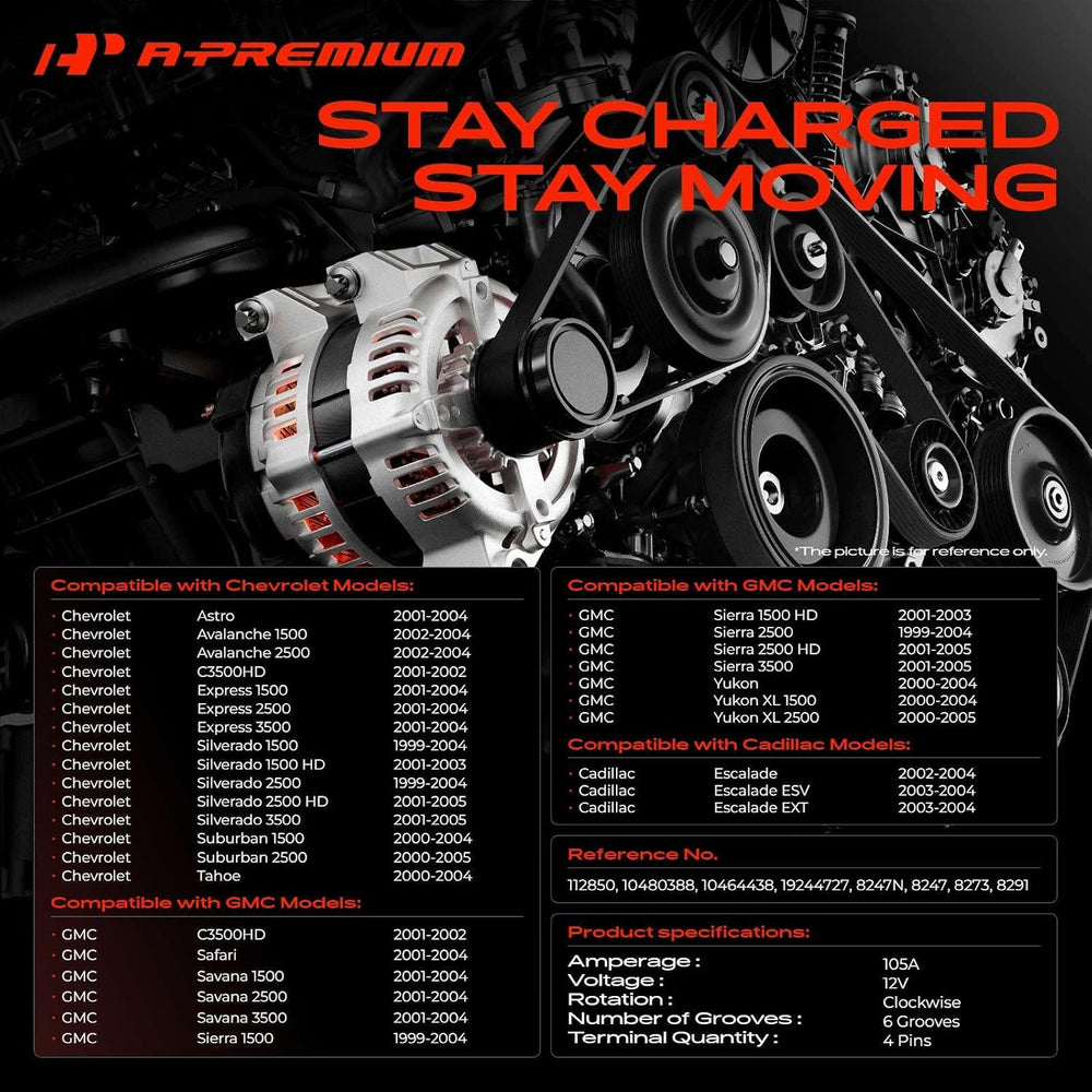 A-Premium Alternator, 12V 105A, 4-Pins Only, 6-Groove Pulley Clockwise