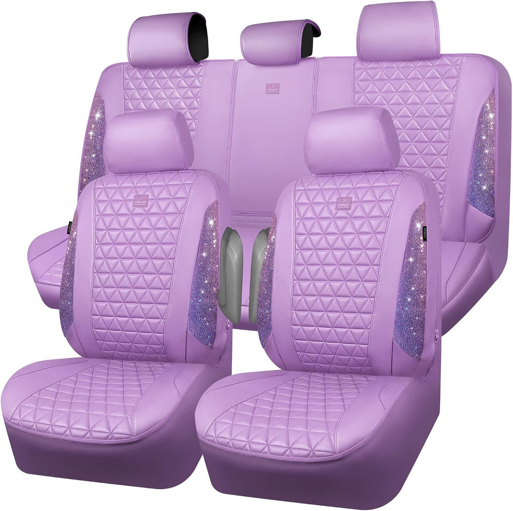 CAR PASS Light Purple Bling Diamond Leather Car Seat Covers Full Sets, Waterp...