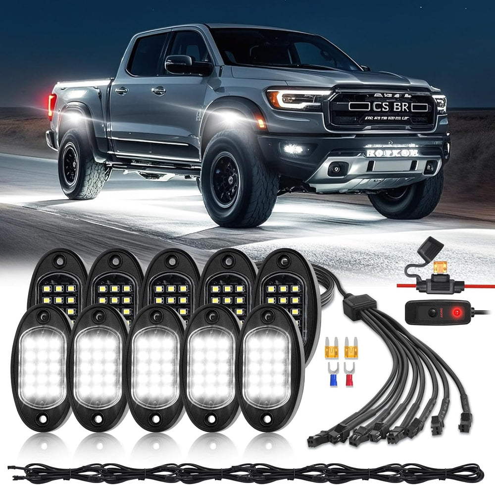 10 Pods Pure White LED Rock Lights with Power Swith Wiring Harness, 6000K Sup...
