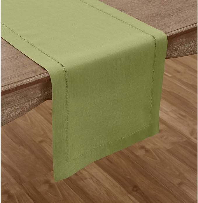 Solino Home Linen Moss Green Hemstitch Table Runner 36 Inches - 100% Pure Lin...