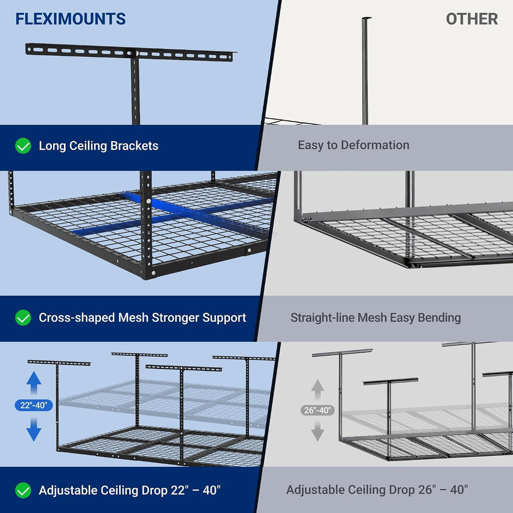 FLEXIMOUNTS 4x8 Overhead Garage Ceiling Storage Rack with 6 Hooks, Black
