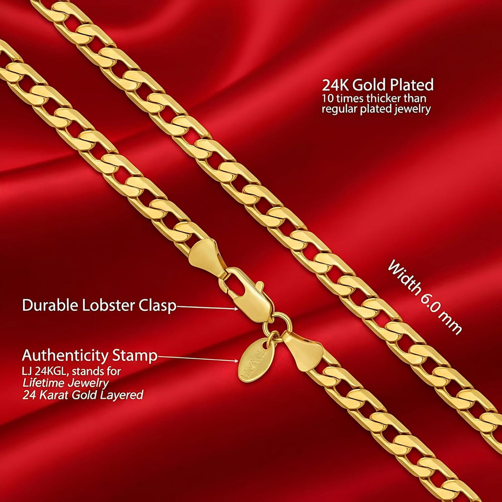 LIFETIME JEWELRY Mens Womens Cuban Link Chain Necklace - 24k Real Gold Plated...