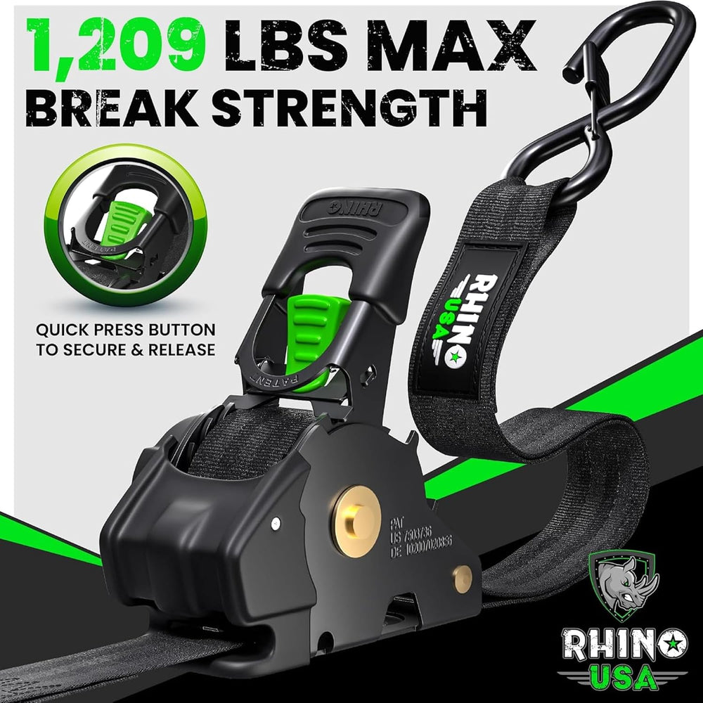Rhino USA Retractable Ratchet Straps (4-Pack) - 1in x 10ft, Black