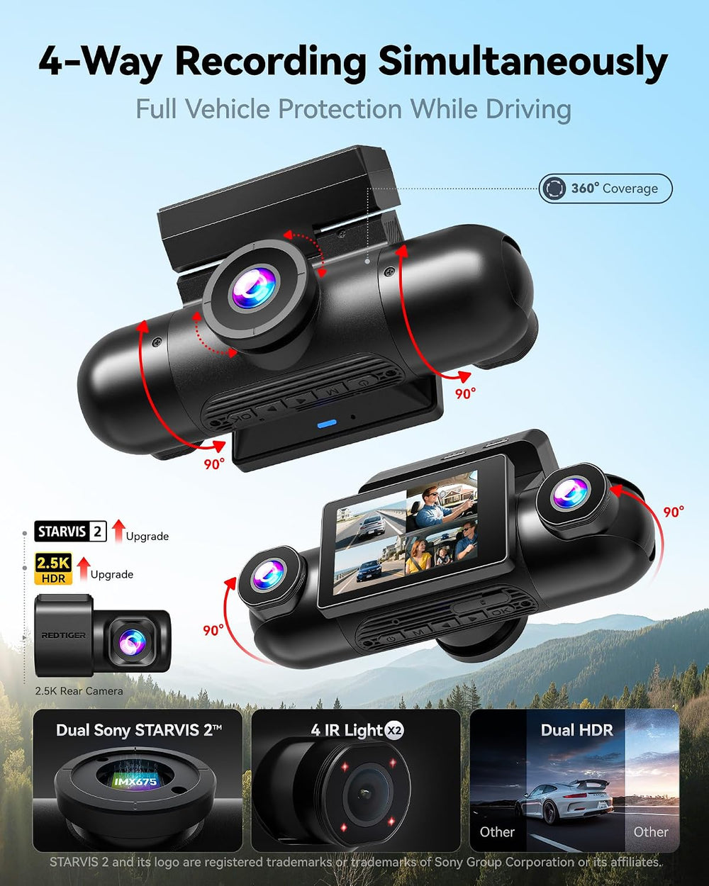 REDTIGER VP40 4 Channel 360ยฐ Dash Cam, Dual STARVIS 2, 8 IR Night Vision