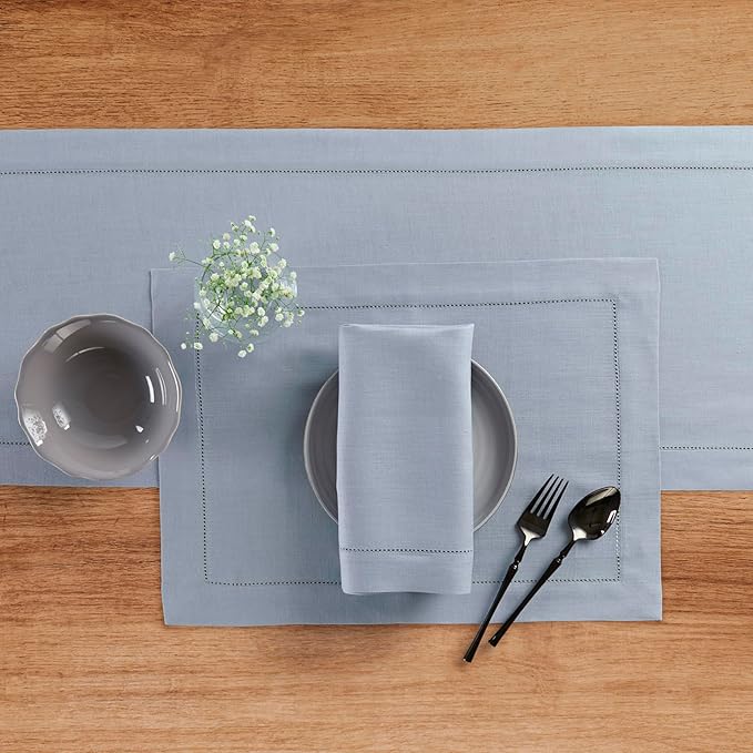 Solino Home Linen Dusty Blue Table Runner 60 Inches - Classic Hemstitch, 100%...