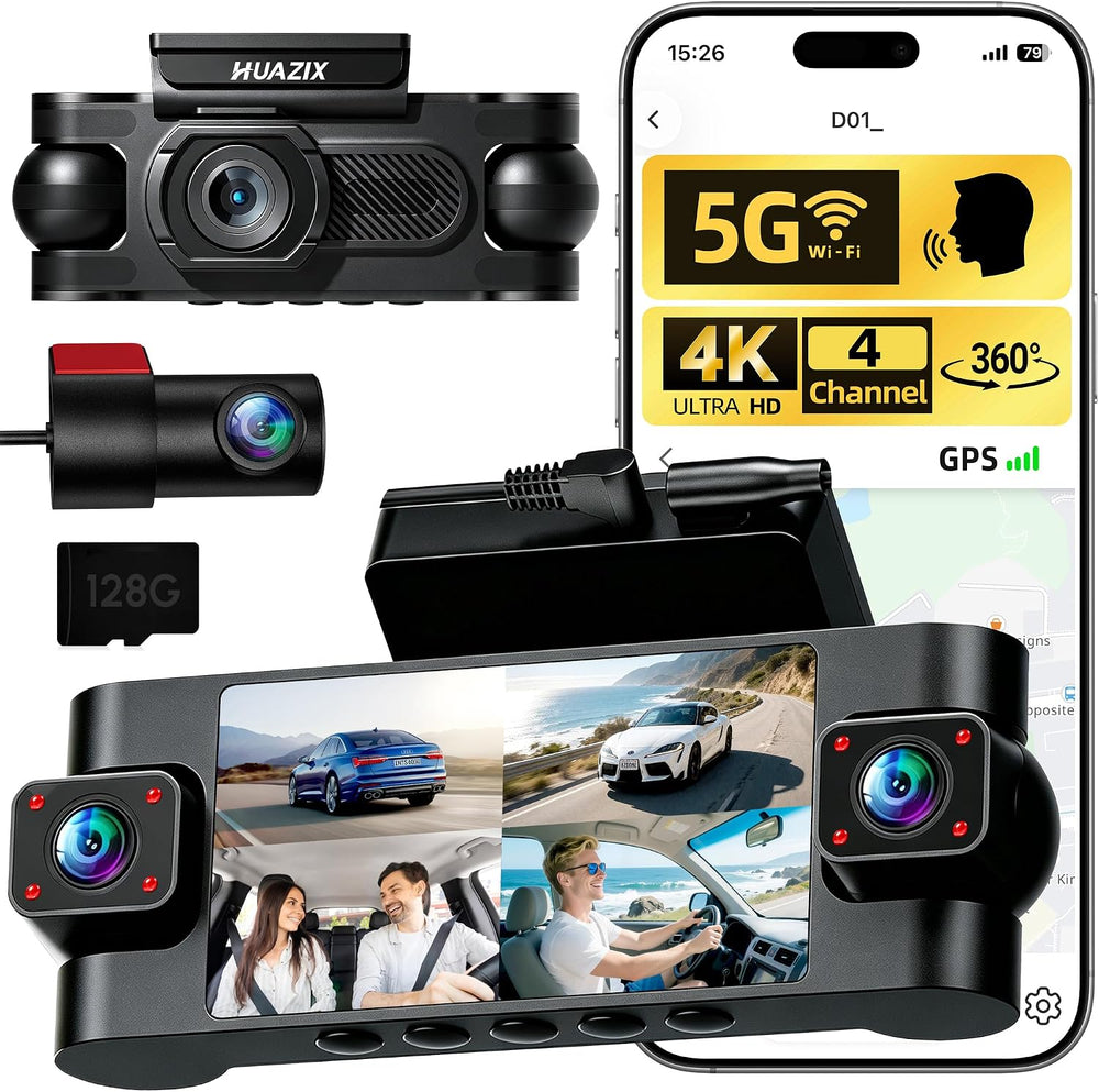 4K Dash Cam for Cars, 4 Channel 360° View Car Camera, Black