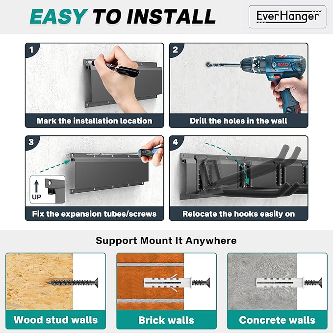 EVERHANGER Garage Tool Storage Organizer, Wall Mount Garden Tool Rack