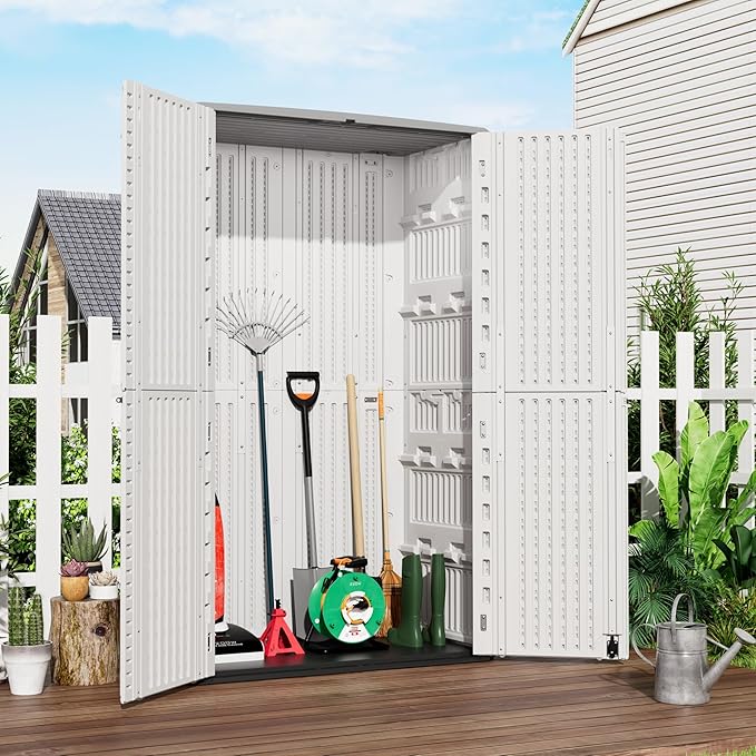 Outdoor Storage Cabinet Waterproof, Resin Vertical Storage Shed Lockable