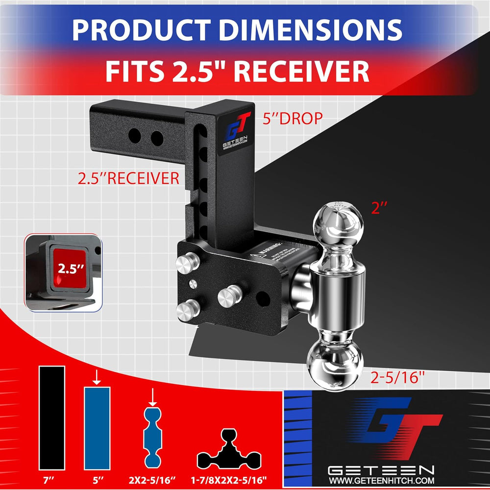 Adjustable Trailer Hitch 2.5" Receiver, Dual Ball Drop Hitch 18K LBS