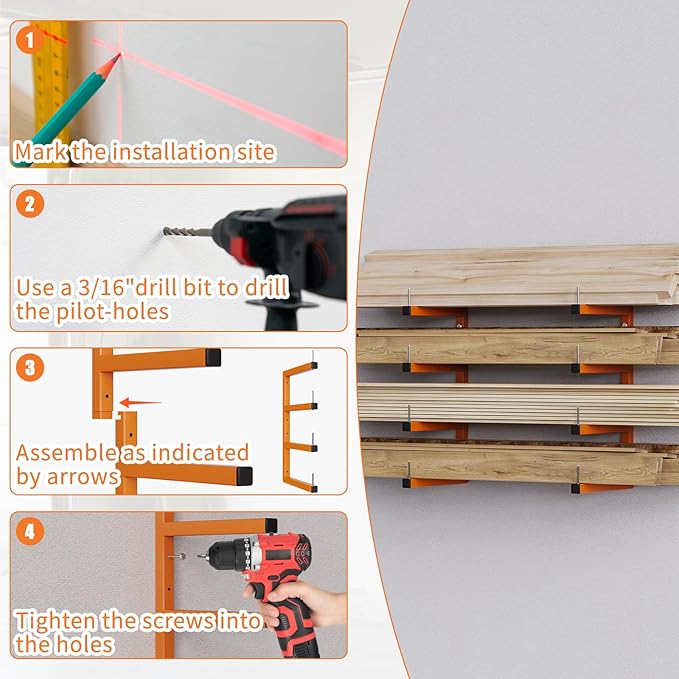4-Pack Lumber Storage Rack, Wood Storage Racks Wall Mount, Heavy Duty Garage