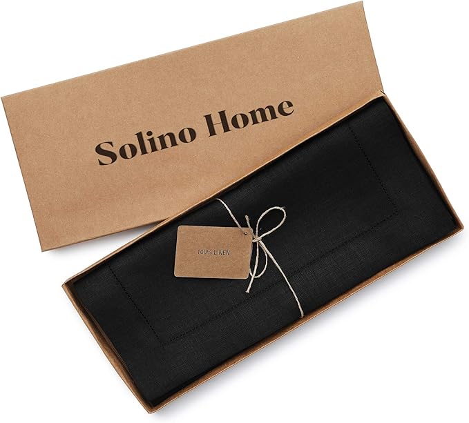 Solino Home Linen Black Table Runner 36 Inches - Classic Hemstitch, 100% Pure...
