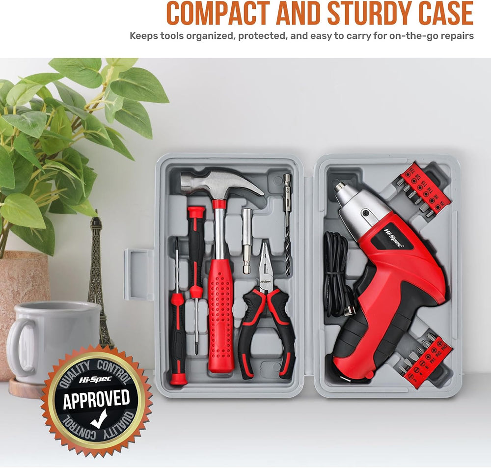 Hi-Spec 3.6V USB Small Power Screwdriver & Home DIY Tool Kit with Case, Red