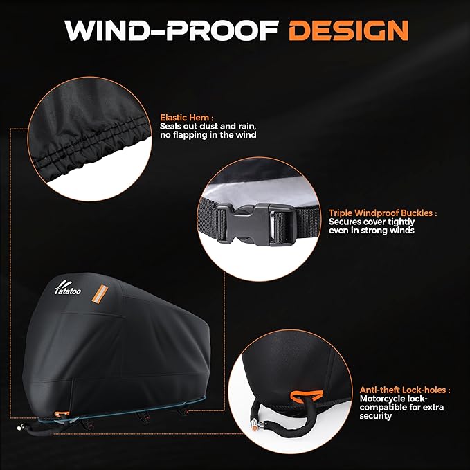 Motorcycle Cover Waterproof Outdoor, 300D Heavy Duty, UV & Rain Resistant