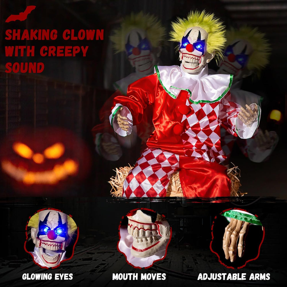 Halloween Animatronic Sitting Clown DecorationโSound Activated Creepy Clown P...