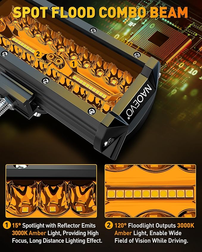 NAOEVO 7 Inch Amber LED Light Bar, 240W 24, 000LM Offroad Fog/Driving Lights