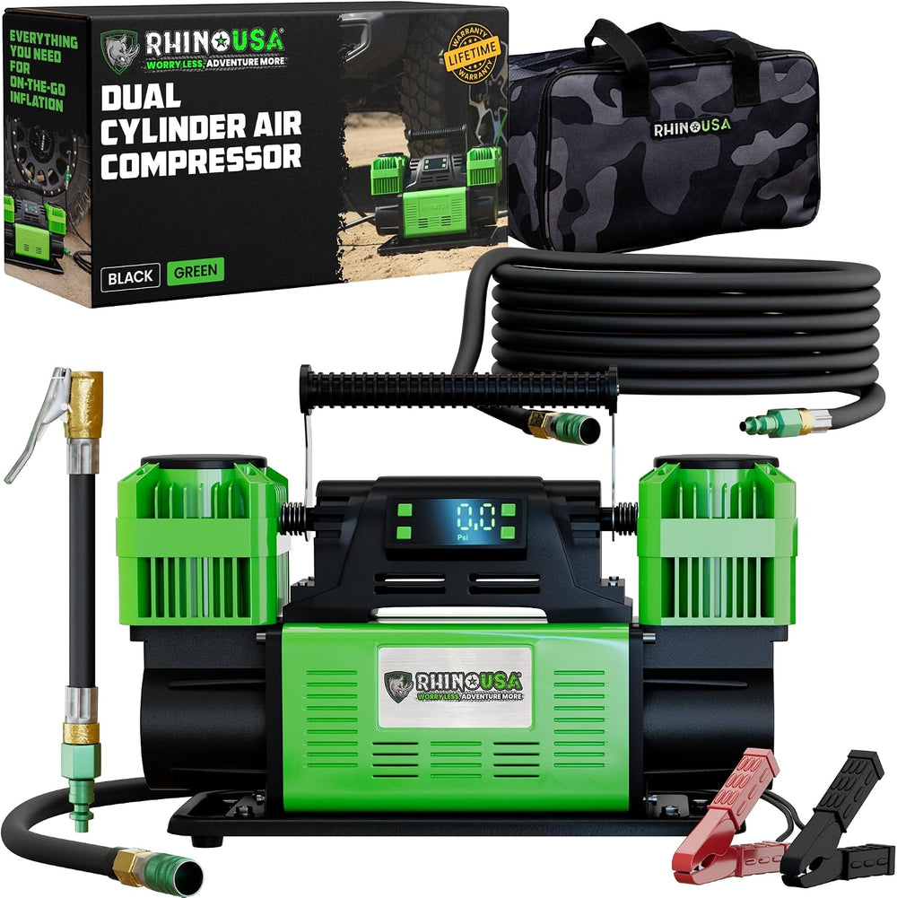 Rhino USA Dual Tire Air Compressor - 12V Portable Pump with Pressure Gauge