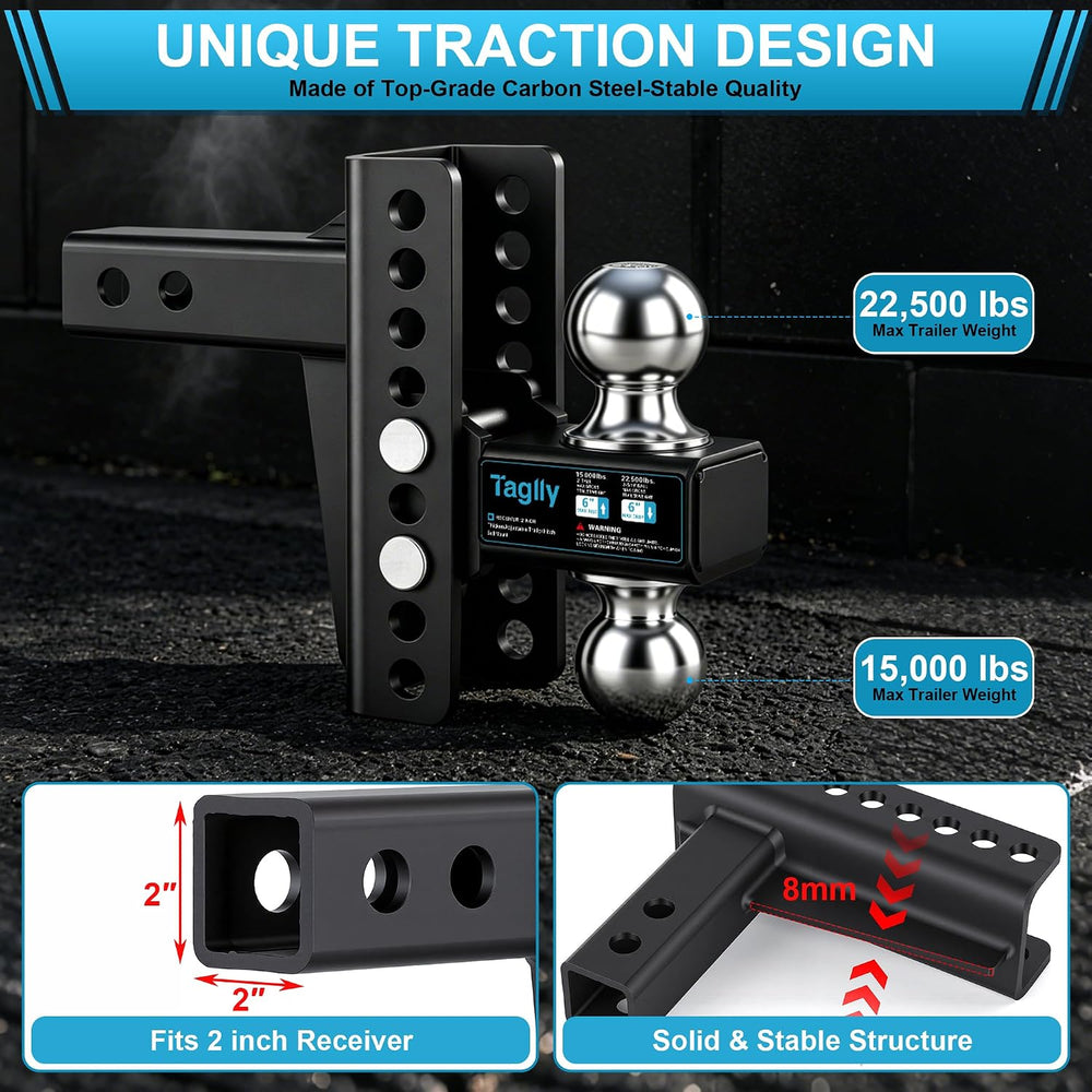 2" Adjustable Trailer Hitch - 22500 LBS, 2" & 2-5/16" Ball...
