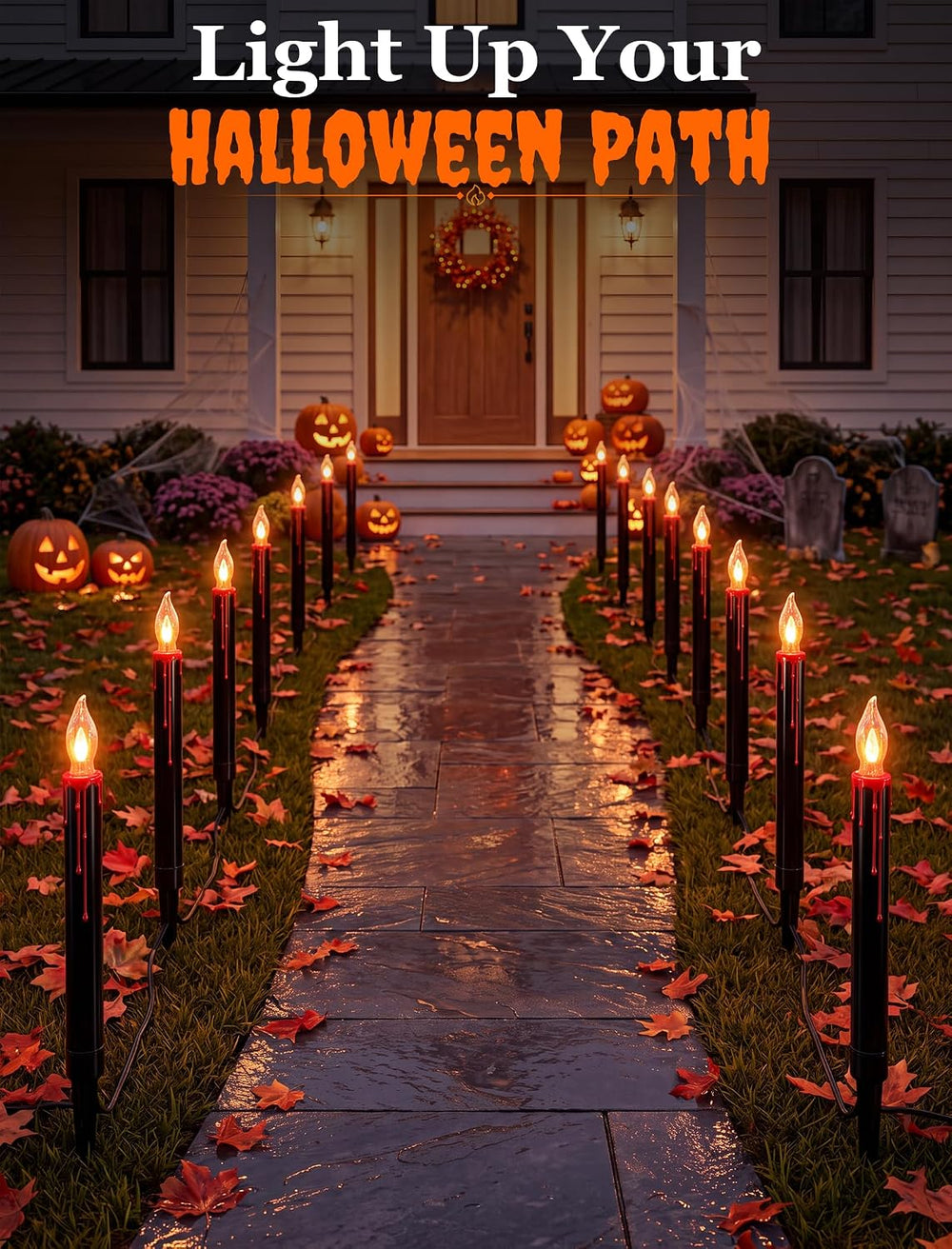 19.5Ft Halloween Candle Pathway Lights, 10-Light Black Blood Drip Stakes