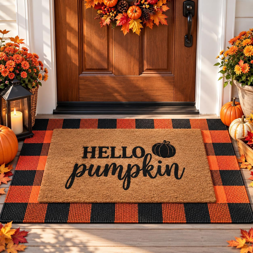 2 Pack Fall Halloween Door Mat Set, Pumpkin Coir & Plaid for Thanksgiving
