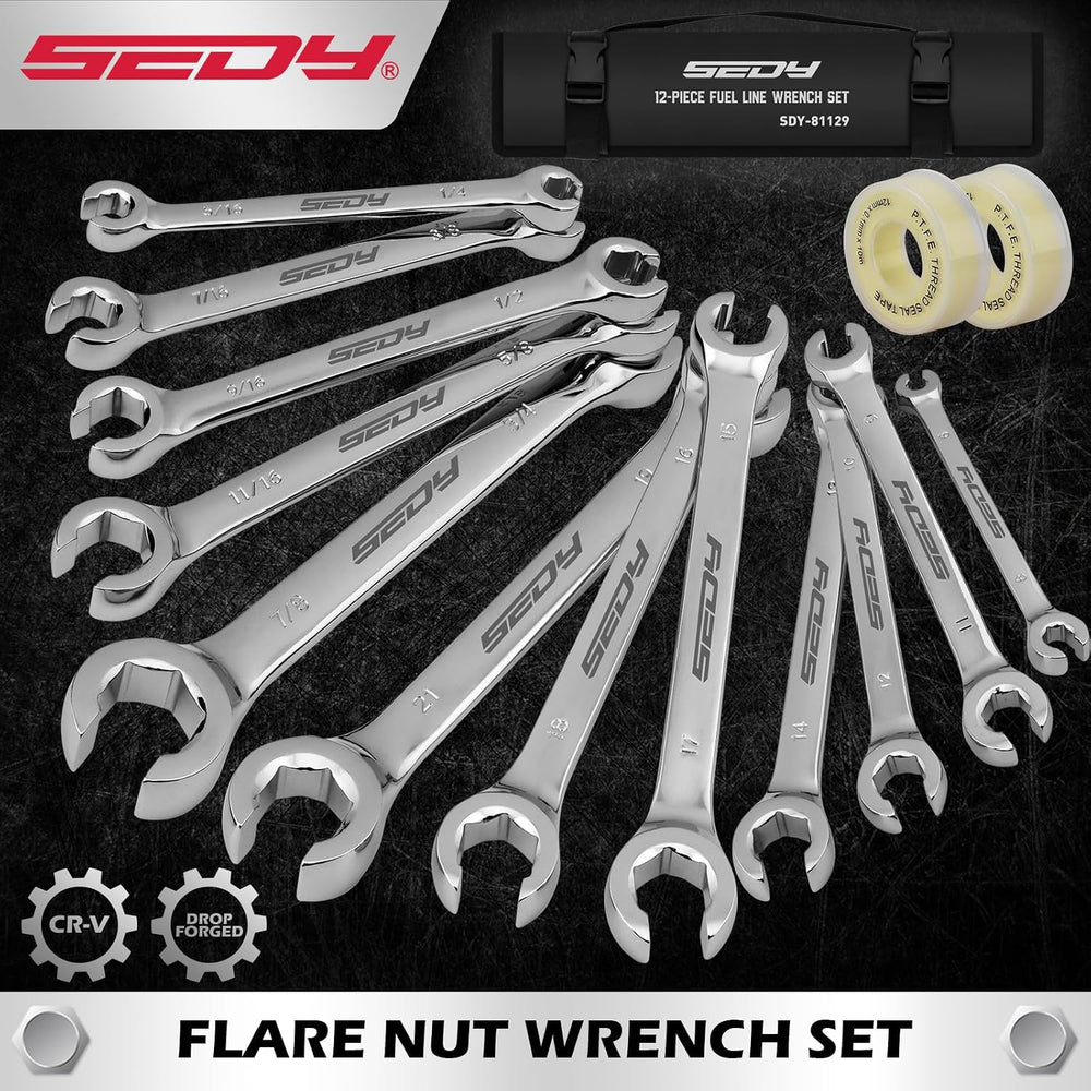 SEDY 14-Piece Flare Nut Wrench Set with PTFE Tape, Metric & SAE Brake Lin...