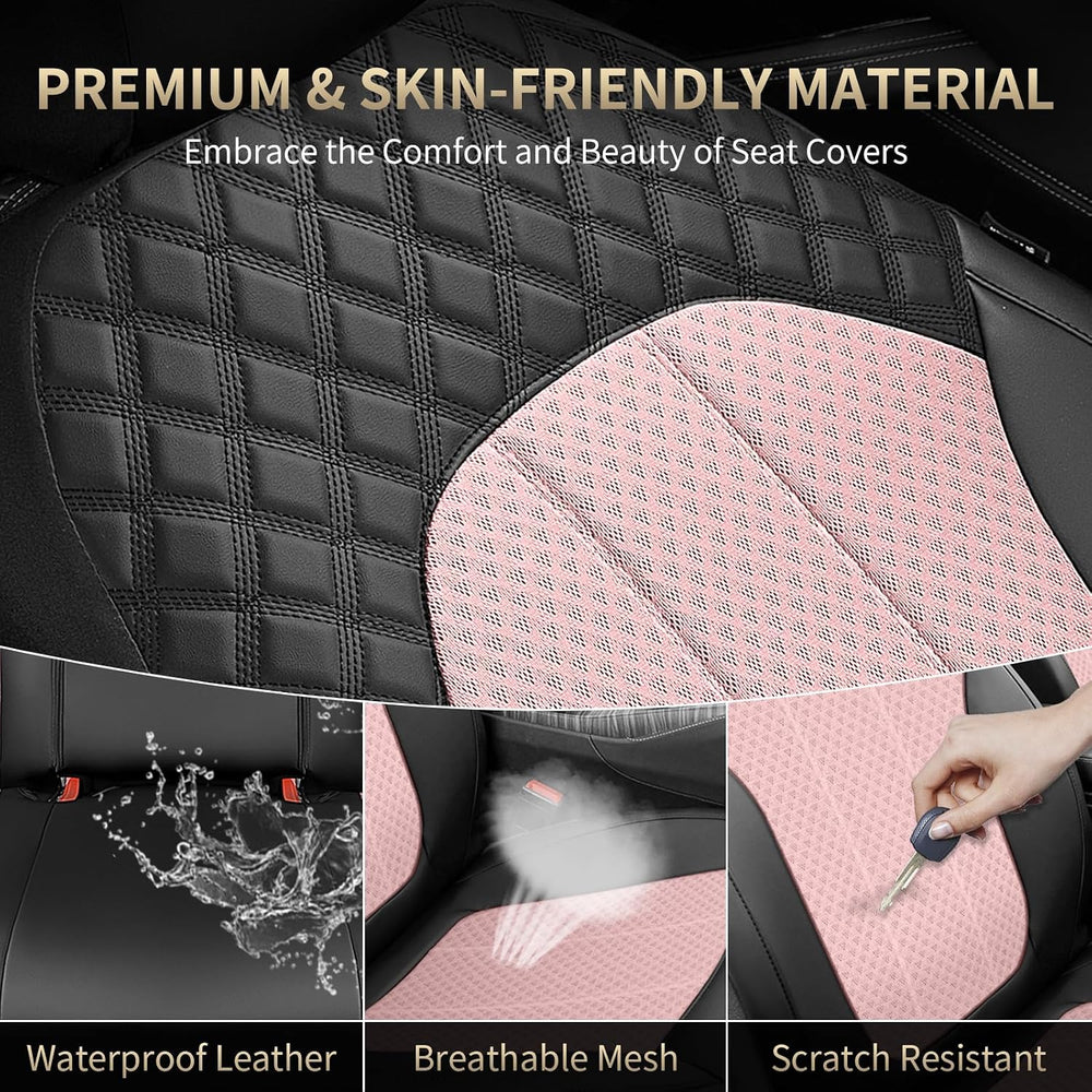 Pink Car Seat Covers Full Set Leather Mesh Front and Rear Seat Cover Automoti...
