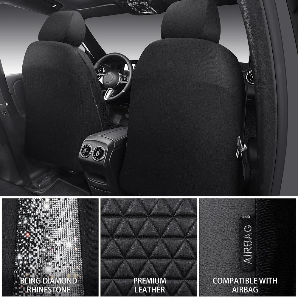 CAR PASS Bling Diamond Leather Car Seat Covers 2 Front Seats Interior Sets, W...