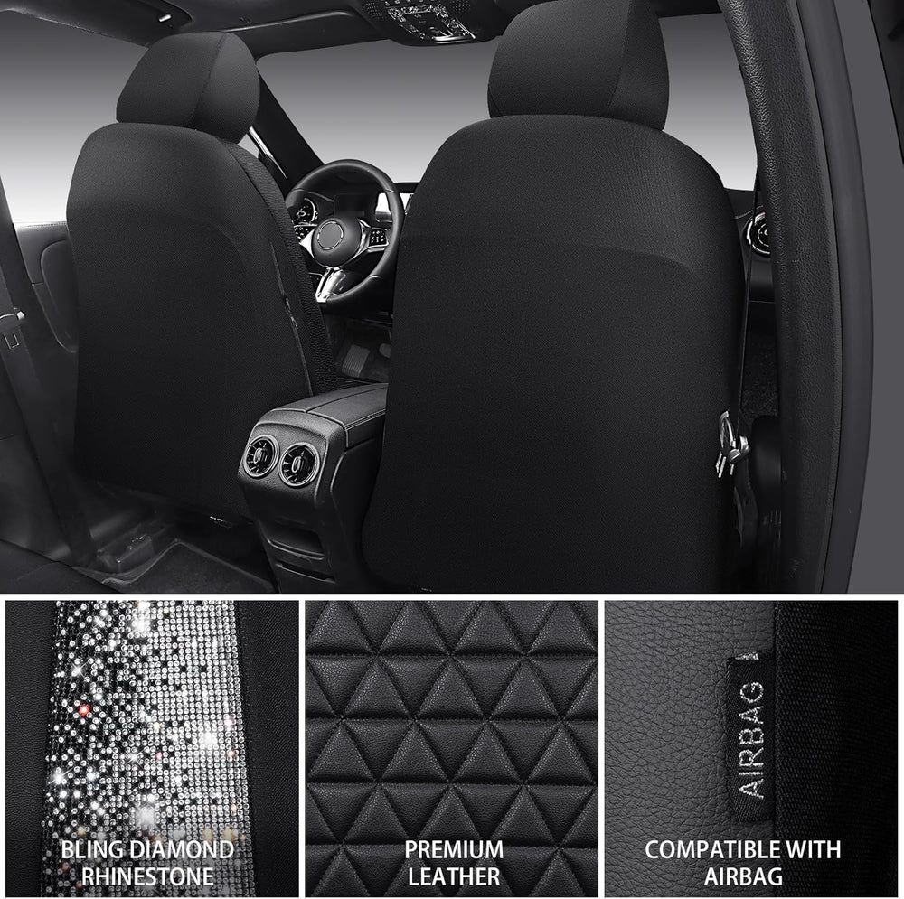 CAR PASS Bling Diamond Black Leather Car Seat Covers Full Sets Interior Sets,...
