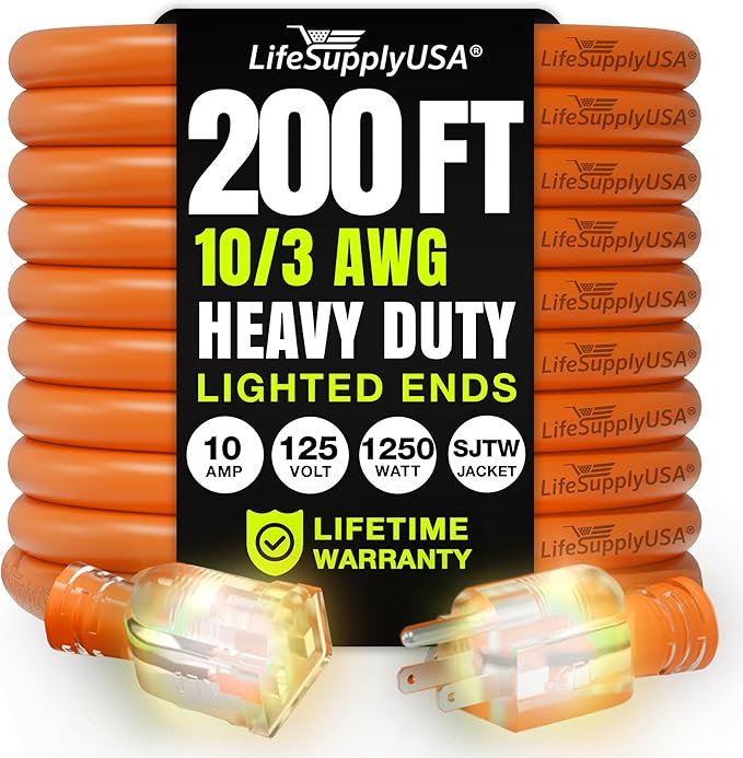 200ft Outdoor/Indoor Extension Cord 10/3 Gauge Ultra Heavy Duty 3 Prong SJTW