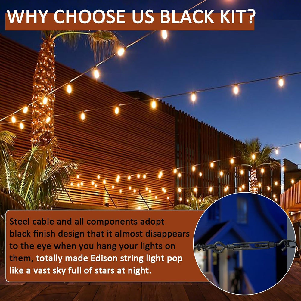 String Light Hanging Kit, All-Black Globe String Lights Suspension