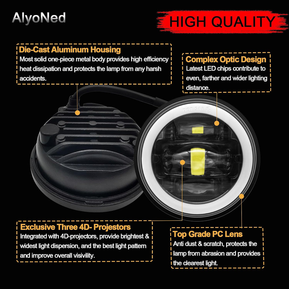 AlyoNed New Version 4.5" inch LED Fog Lights White Halo DRL DOT Kit Black