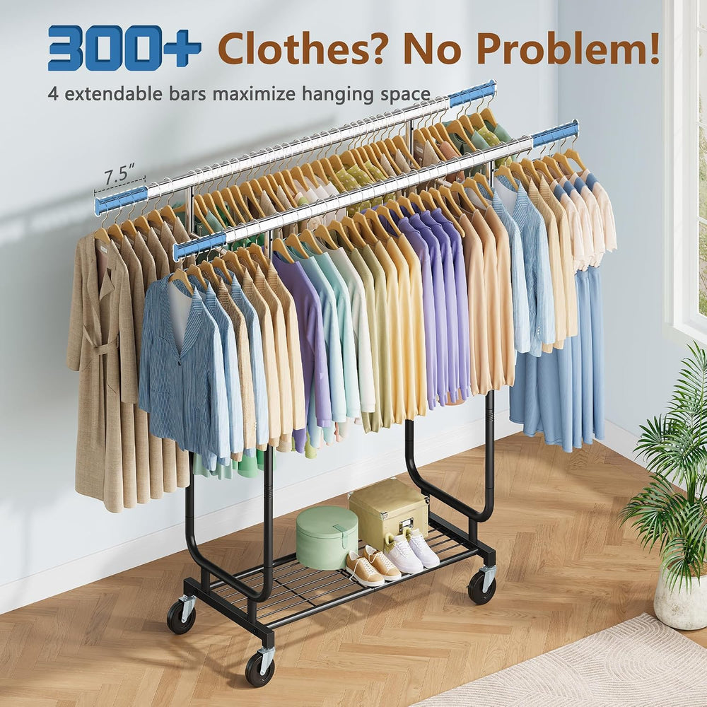 Heavy Duty Rolling Clothes Rack, 620 LBS Load Double Rod Adjustable Garment R...
