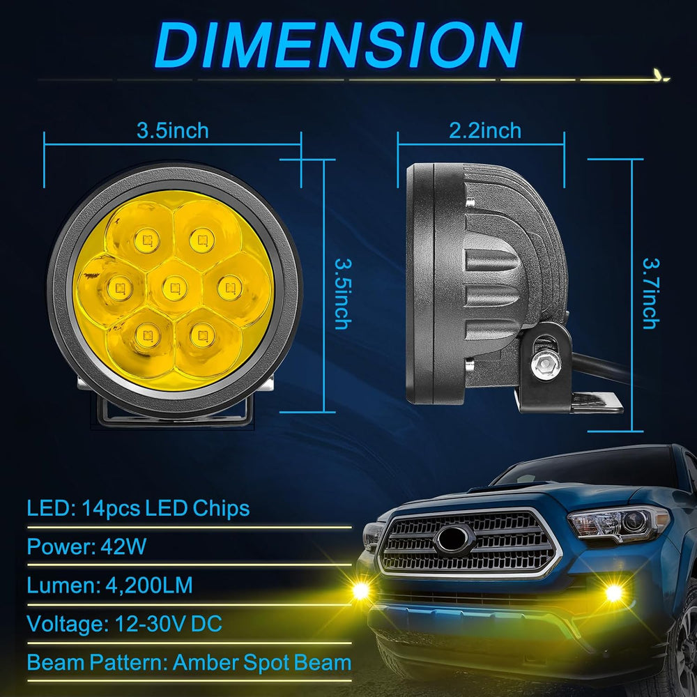 Amber LED Pod Lights, ACEC SHOP 2PCS 42W 3.5 Inch Round Fog Lights Spot Beam ...