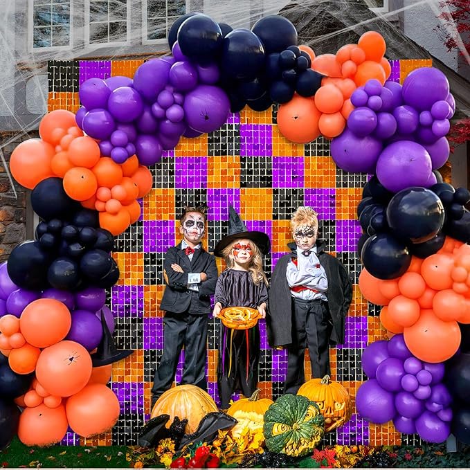 12PCS Black Orange Purple Shimmer Wall Backdrop, Laser Square Sequin Photo Ba...