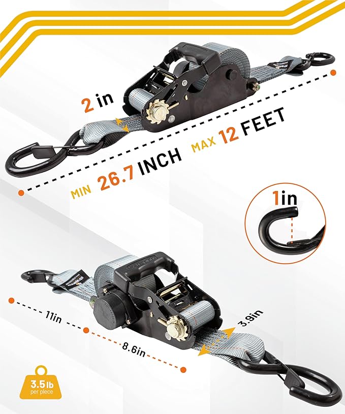 Strapinno Retractable Ratchet Tie-Down Straps, 000 lbs Breaking Strength- 2 in