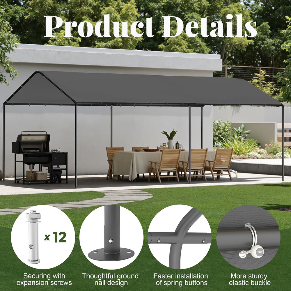 Carport, 10‘ x 20’ Garage Car Canopy w/Water-Resistant Top Cover, Grey