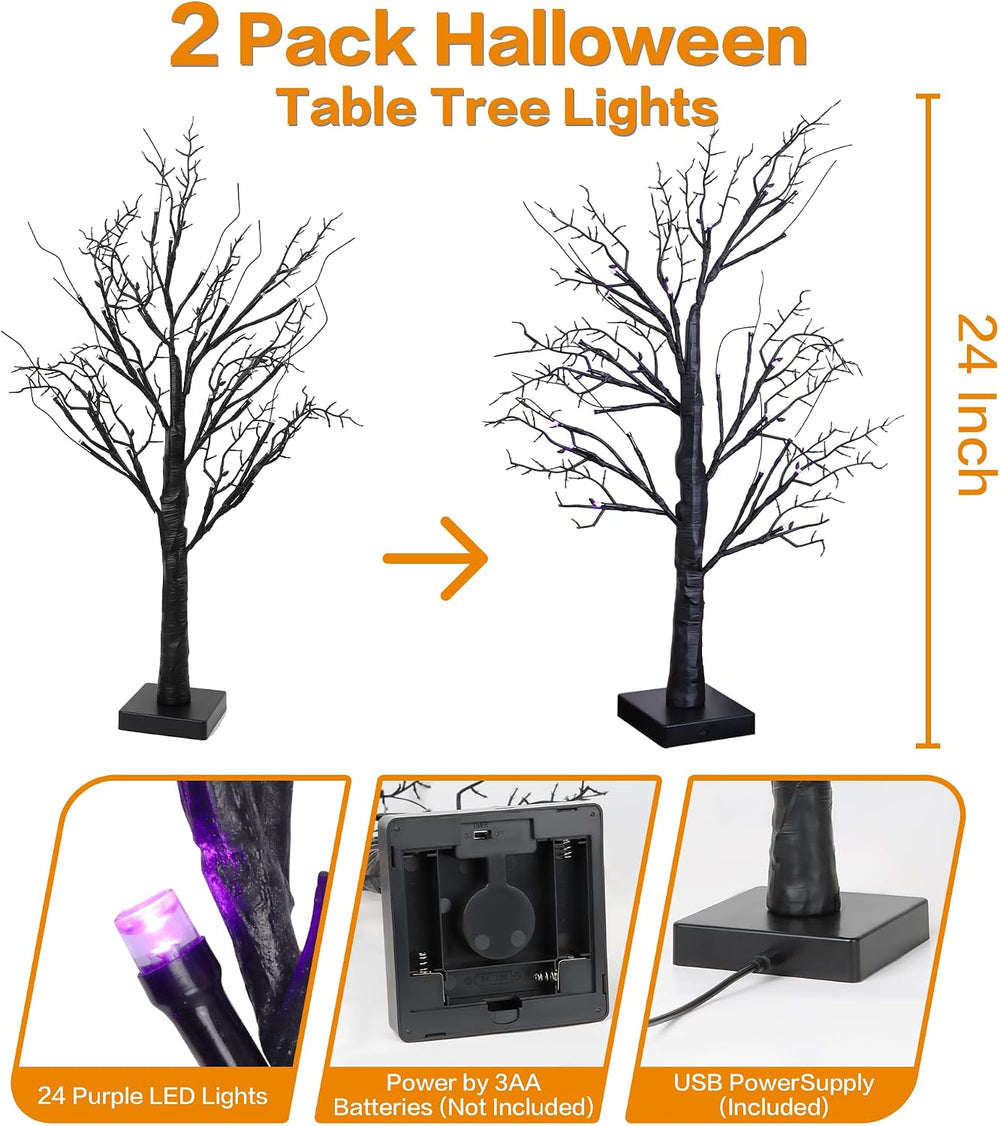 Halloween Decorations Indoor 2 Pack 24 Inch Halloween Black Tree with 24 Purp...