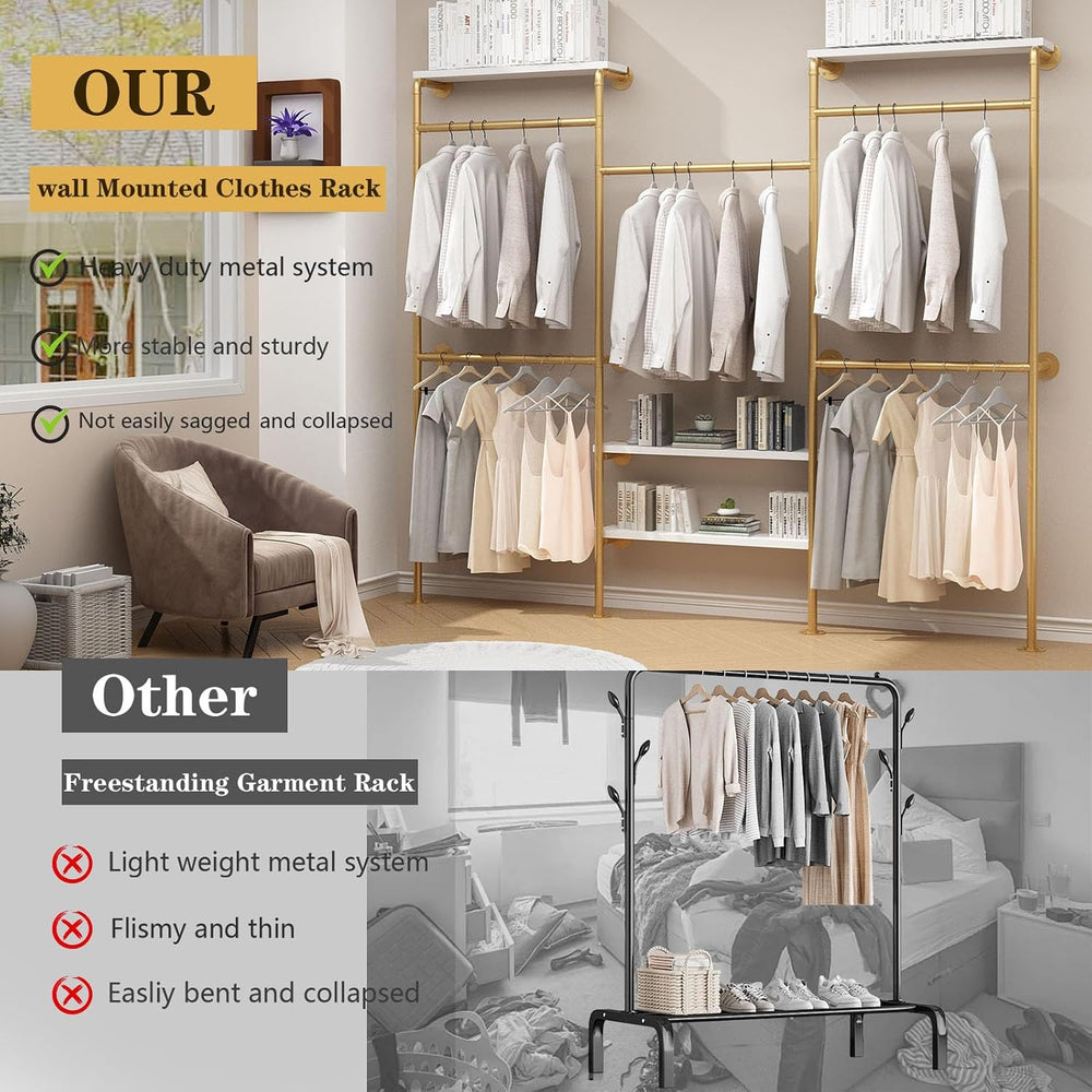 HOMEKAYT Industrial Pipe Clothes Rack with Shelves, Gold Clothing Rack Wall M...