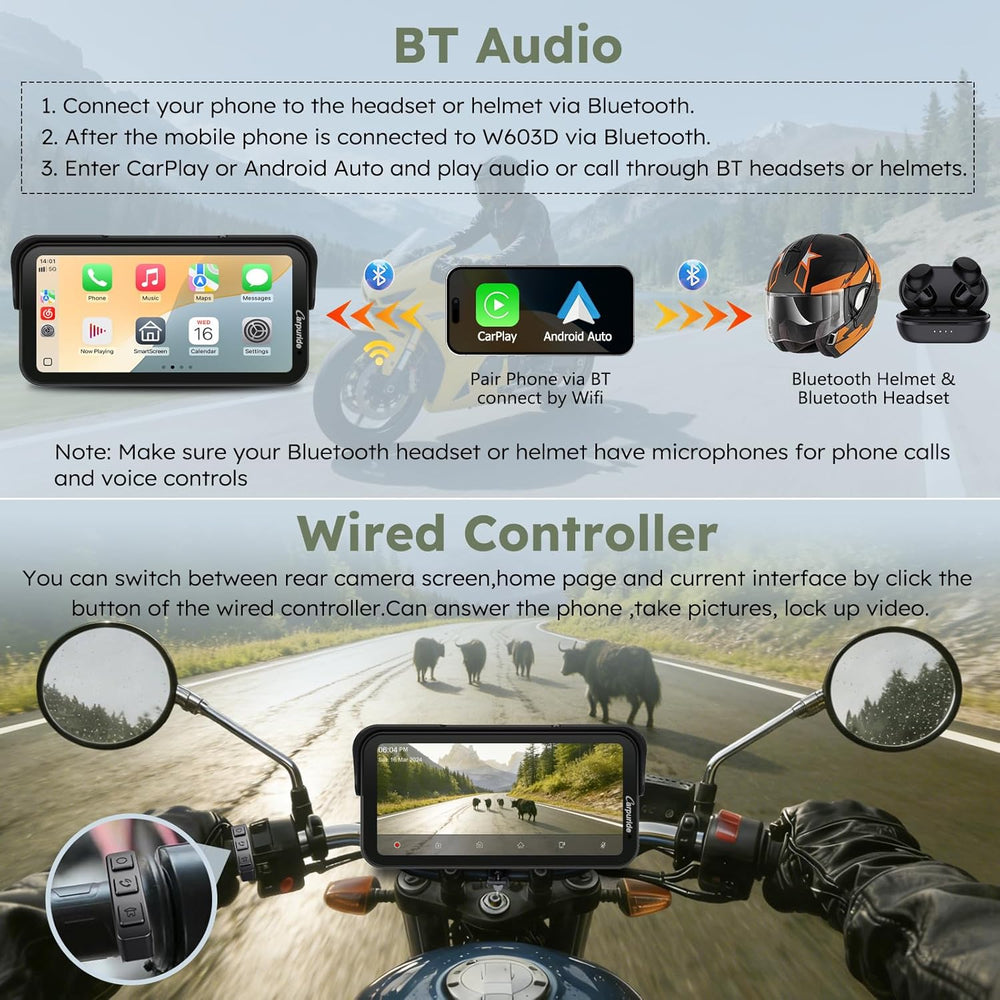 Carpuride W603DT 6.3" Motorcycle CarPlay Screen Android Auto TPMS Dash Cam