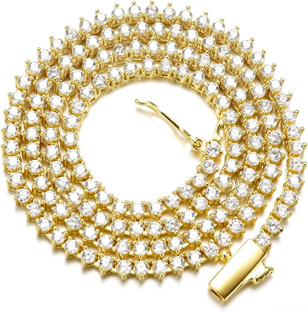 BREN 2mm Tennis Necklaces for Women Men, 3 Prong/Bezel Set 18K White/Yellow G...