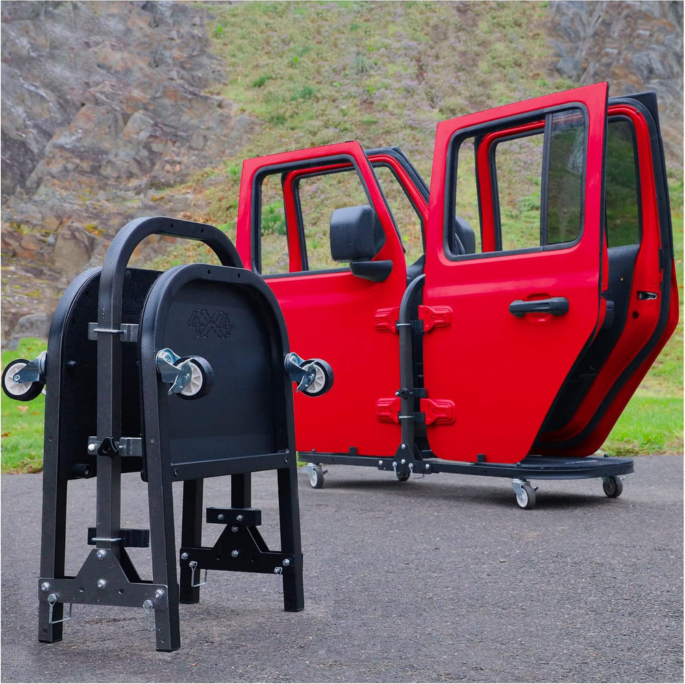Aluminum Black 4 Door Folding Rolling Door Cart, Storage Door Rack Holder Sta...