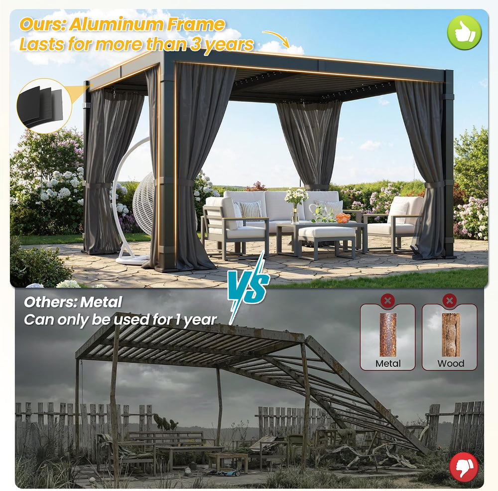 10' x 12' Pergola with Curtain & Adjustable Roof & Aluminum F...