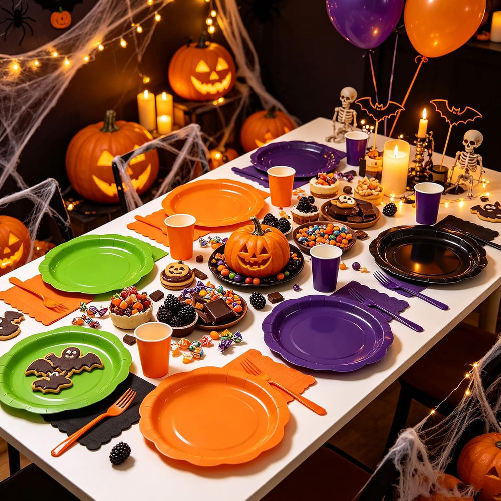 192Pcs Purple Orange Balck Plates and Napkins Party Supplies, Disposable 9โโ ...